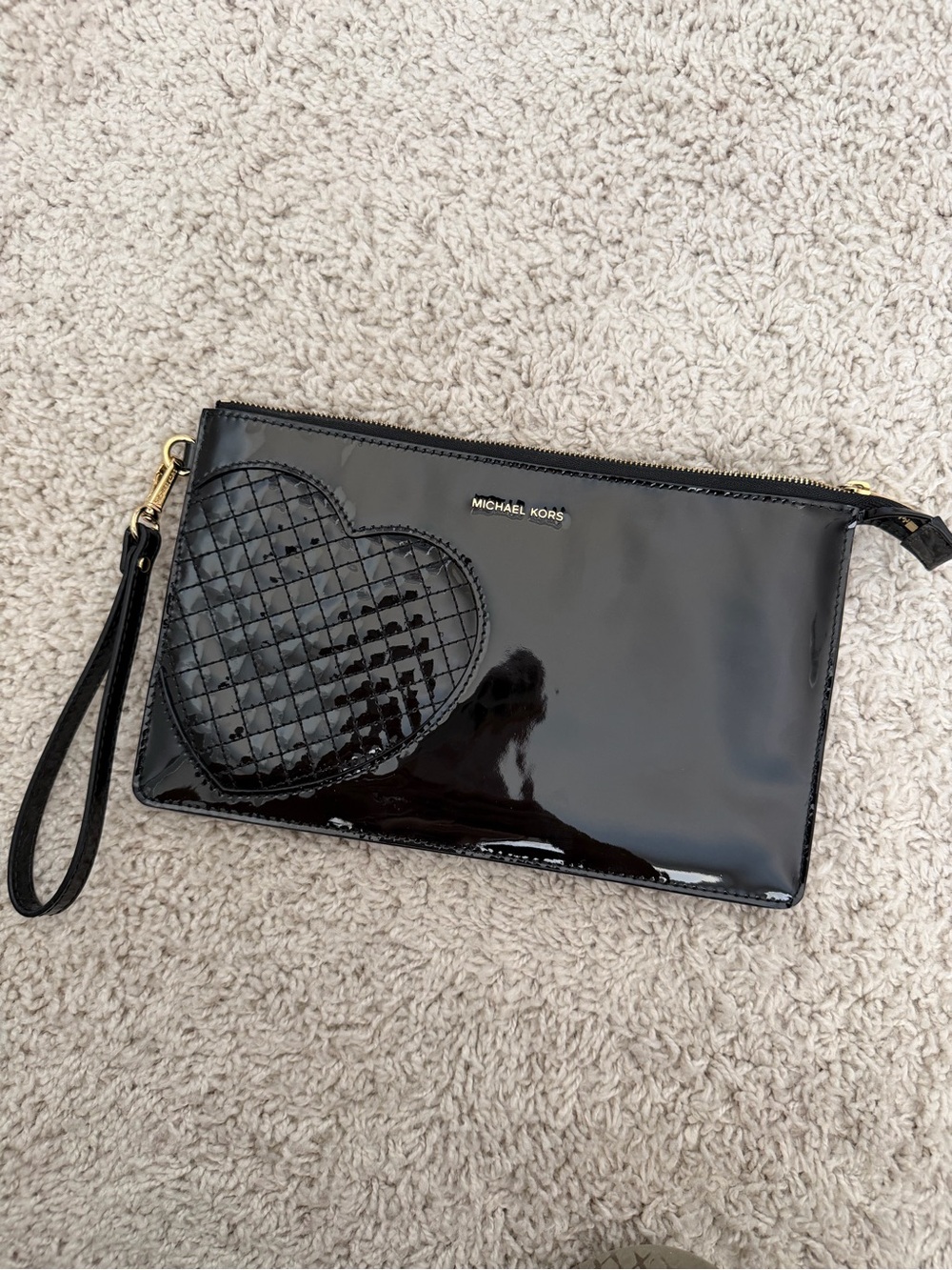 Michael Kors Black Patent Heart Wristlet Clutch with Quilted Detail